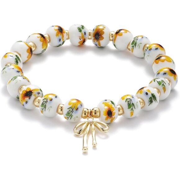 Yellow Flower Handmade Stretch Dainty Bead Bow Charm Bracelet for Women - Picture 2 of 2